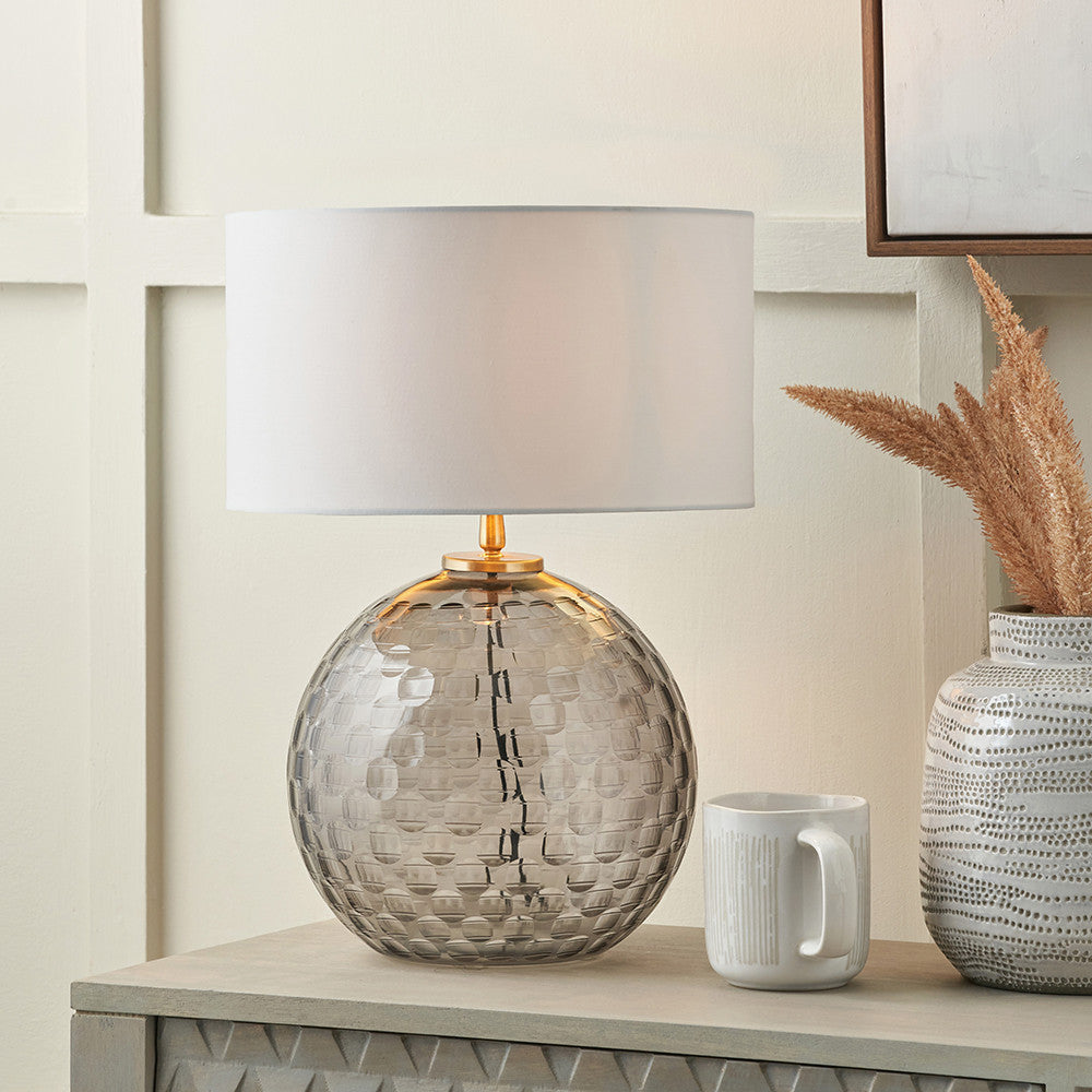 Camille Smoke Grey Circle Design Handcut Glass Table Lamp Base – Modern Textured Glass Lighting