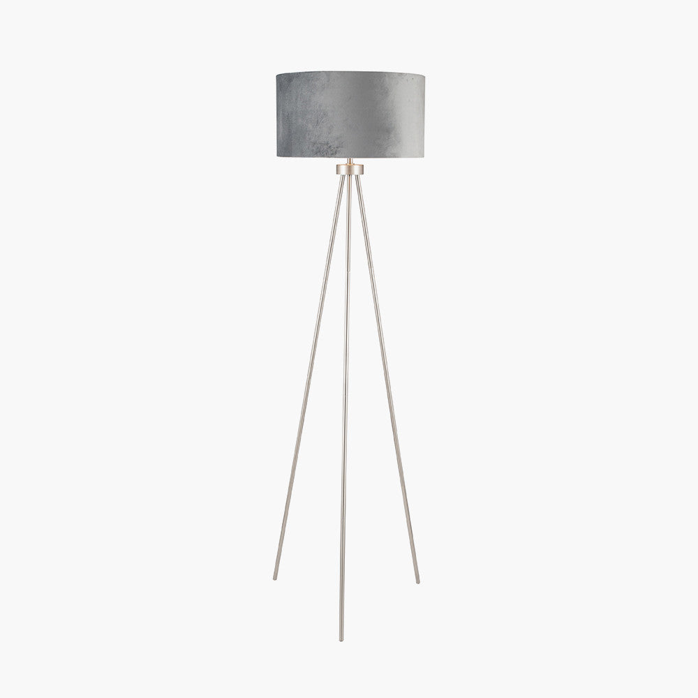 Houston Brushed Silver Tripod Floor Lamp with Black Velvet Shade