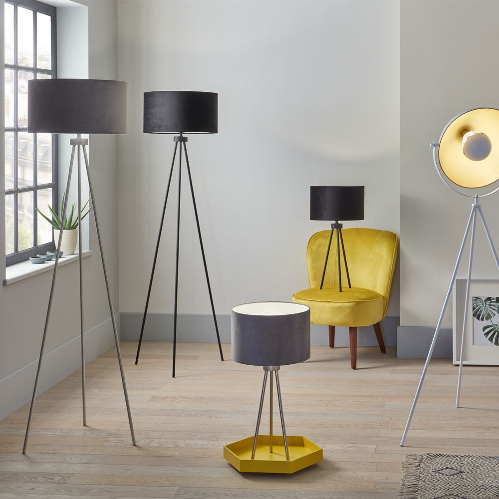 Houston Brushed Silver Tripod Floor Lamp with Black Velvet Shade