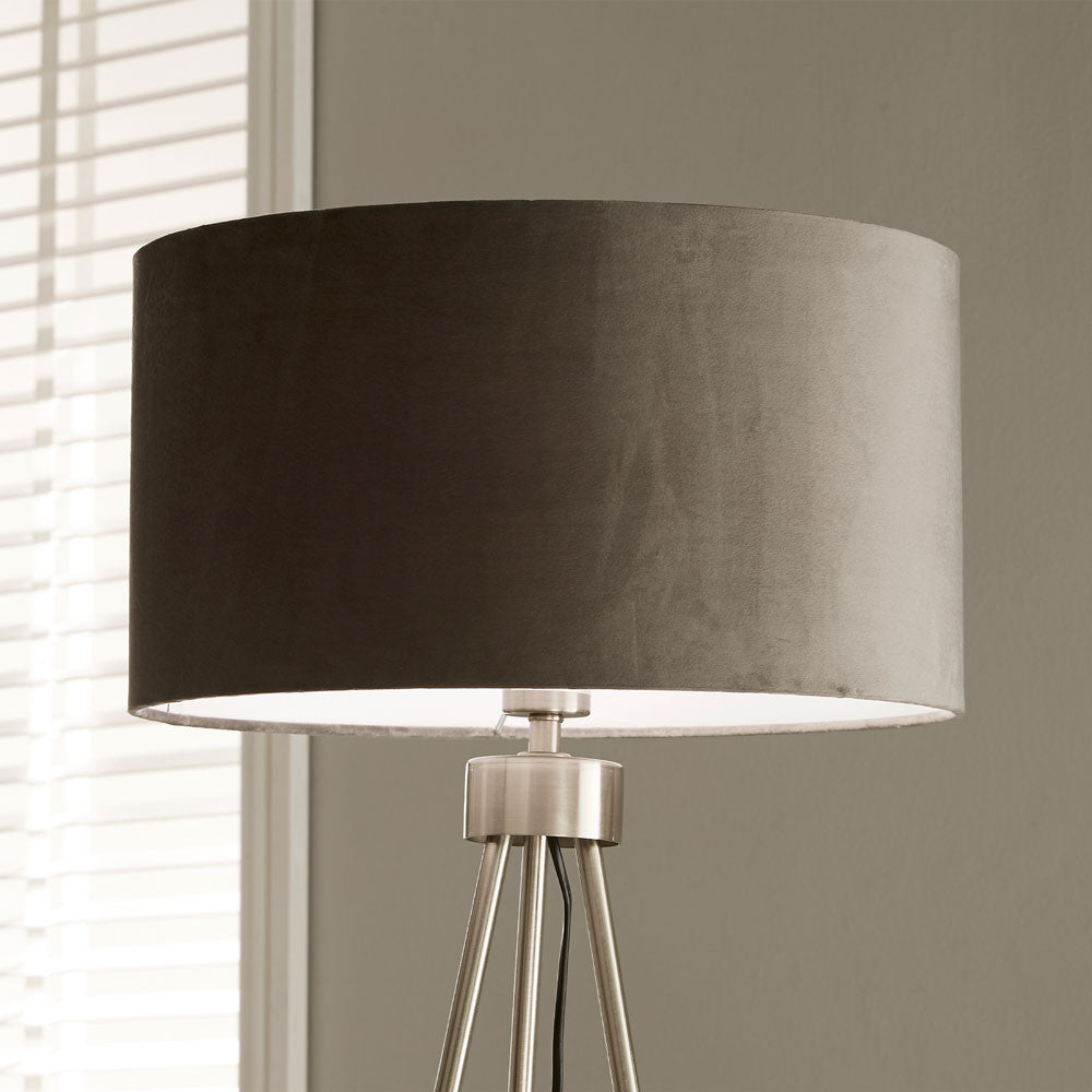 Houston Brushed Silver Tripod Floor Lamp with Black Velvet Shade