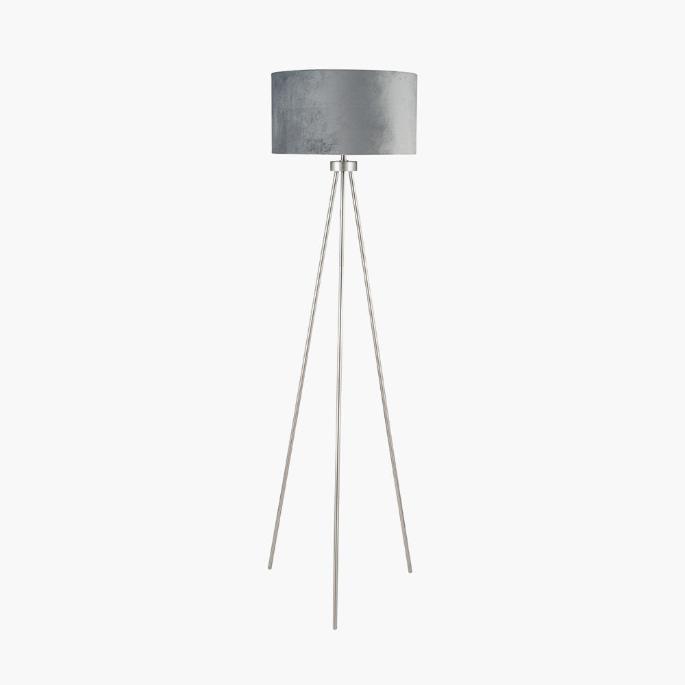 Houston Brushed Silver Tripod Floor Lamp with Black Velvet Shade