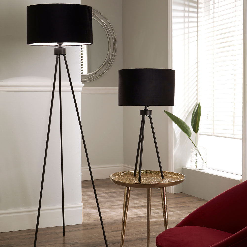 Black Velvet Shade Tripod Floor Lamp with Matt Black Metal Base