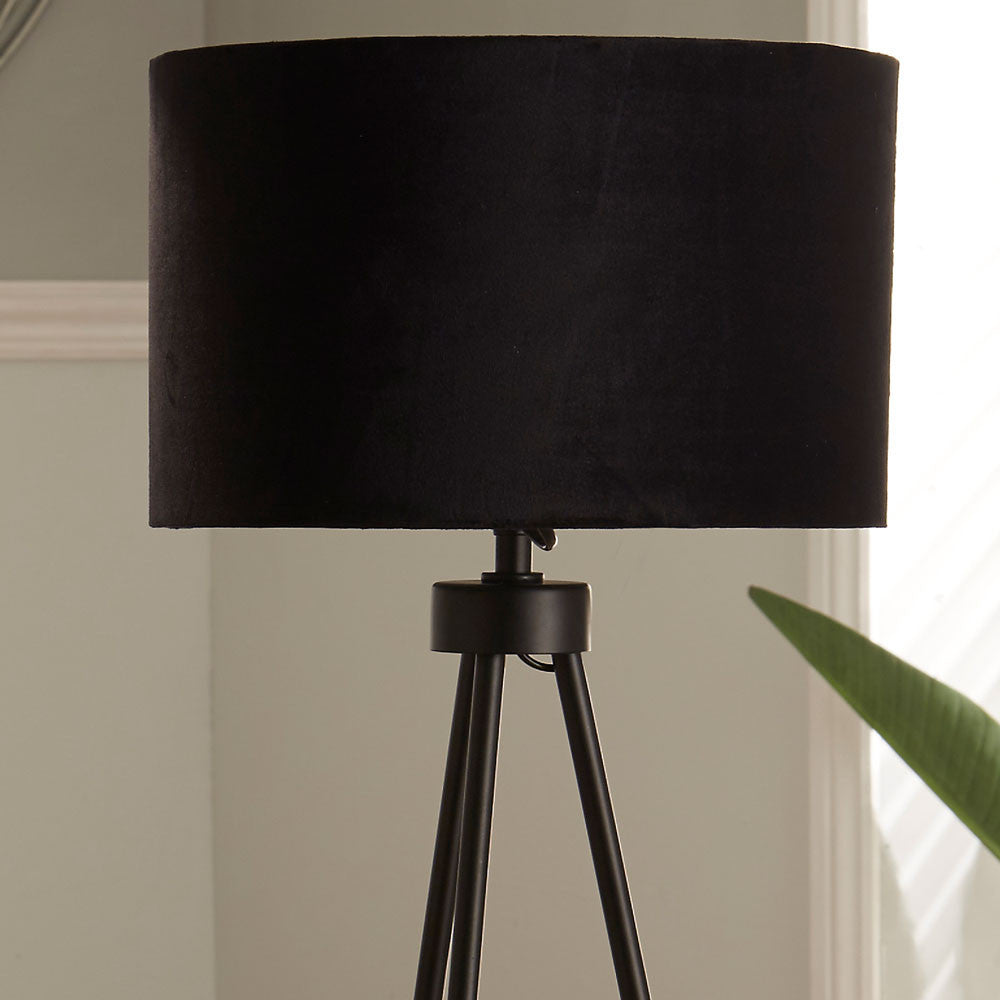 Black Velvet Shade Tripod Floor Lamp with Matt Black Metal Base