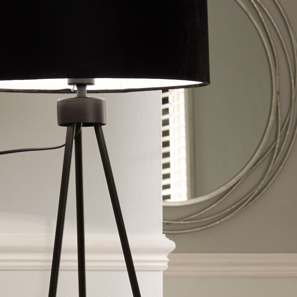 Black Velvet Shade Tripod Floor Lamp with Matt Black Metal Base