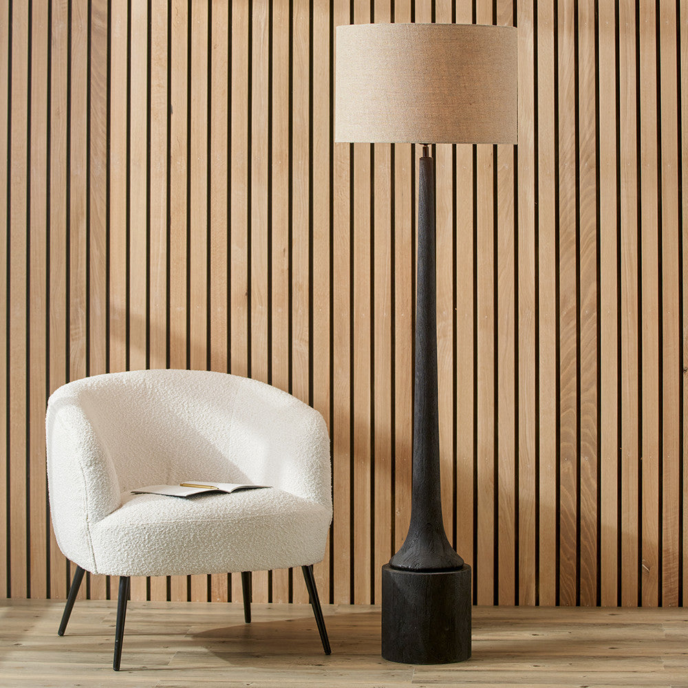 Marin Black Wood Tall Neck Floor Lamp with Edward 45cm Natural Linen Cylinder Shade