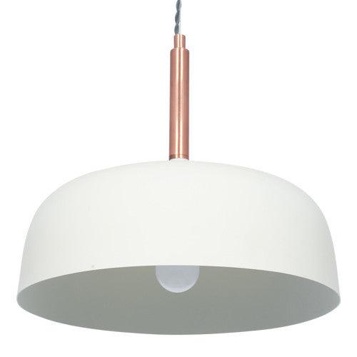 Shop this elegant pendant light featuring a simple yet refined design, with smooth curves and a matt white finish complemented by copper metal accents. Shop online now at www.nobleandnook.co.uk