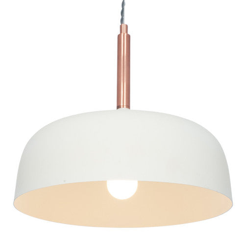 Shop this elegant pendant light featuring a simple yet refined design, with smooth curves and a matt white finish complemented by copper metal accents. Shop online now at www.nobleandnook.co.uk