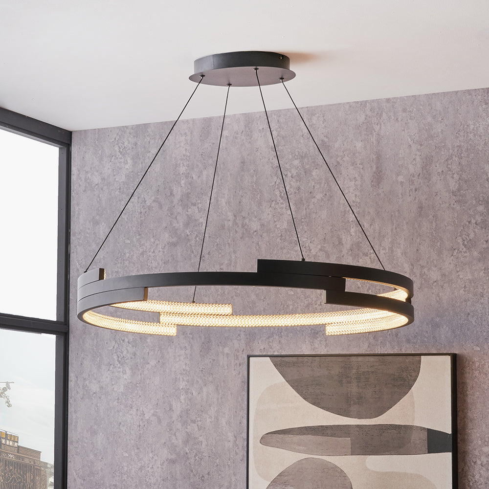 Sienna Black Metal LED Ring Pendant – Contemporary Crystal Effect Ceiling Light