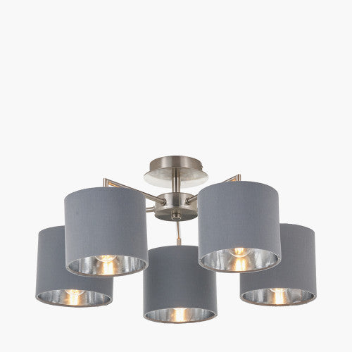 Elin Brushed Silver and Steel Grey 5 Light Pendant – Semi Flush Ceiling Light