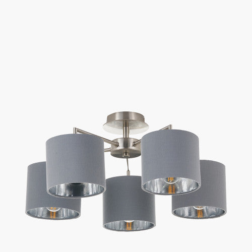 Elin Brushed Silver and Steel Grey 5 Light Pendant – Semi Flush Ceiling Light