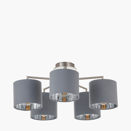 Elin Brushed Silver and Steel Grey 5 Light Pendant – Semi Flush Ceiling Light