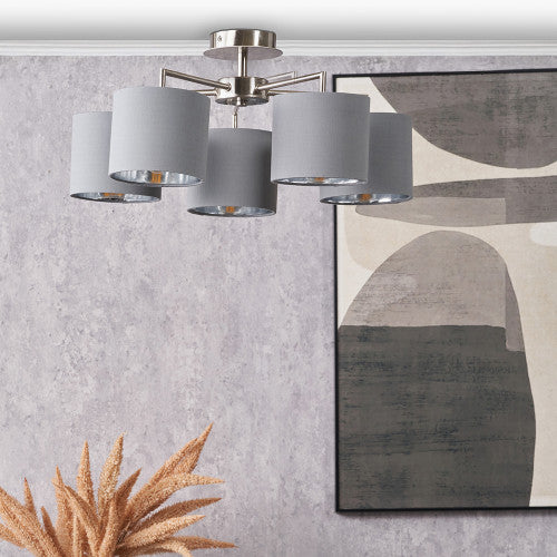 Elin Brushed Silver and Steel Grey 5 Light Pendant – Semi Flush Ceiling Light