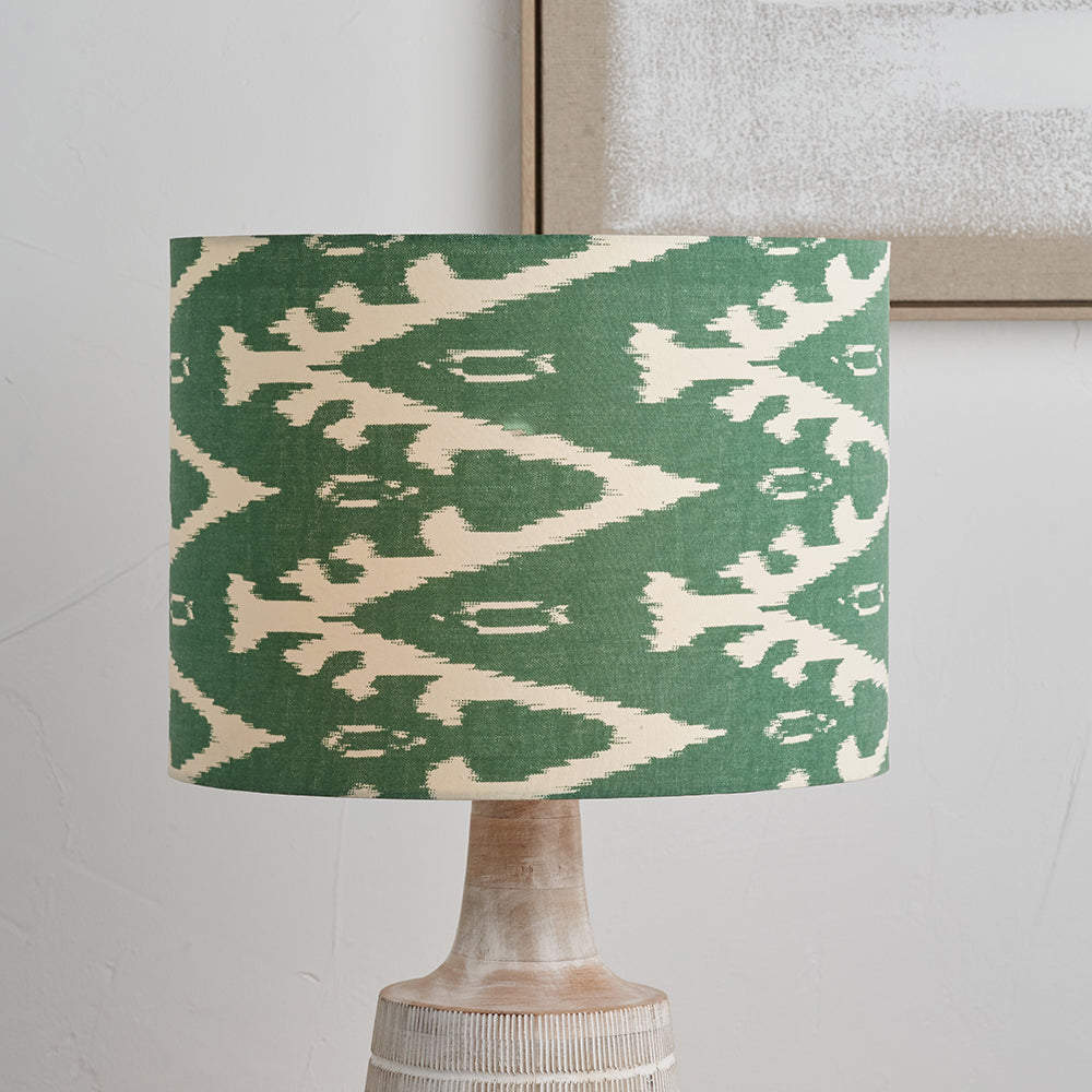Lars 30cm Racing Green Ikat Patterned Cotton Cylinder Lampshade – Modern Handmade Light Shade for UK Homes