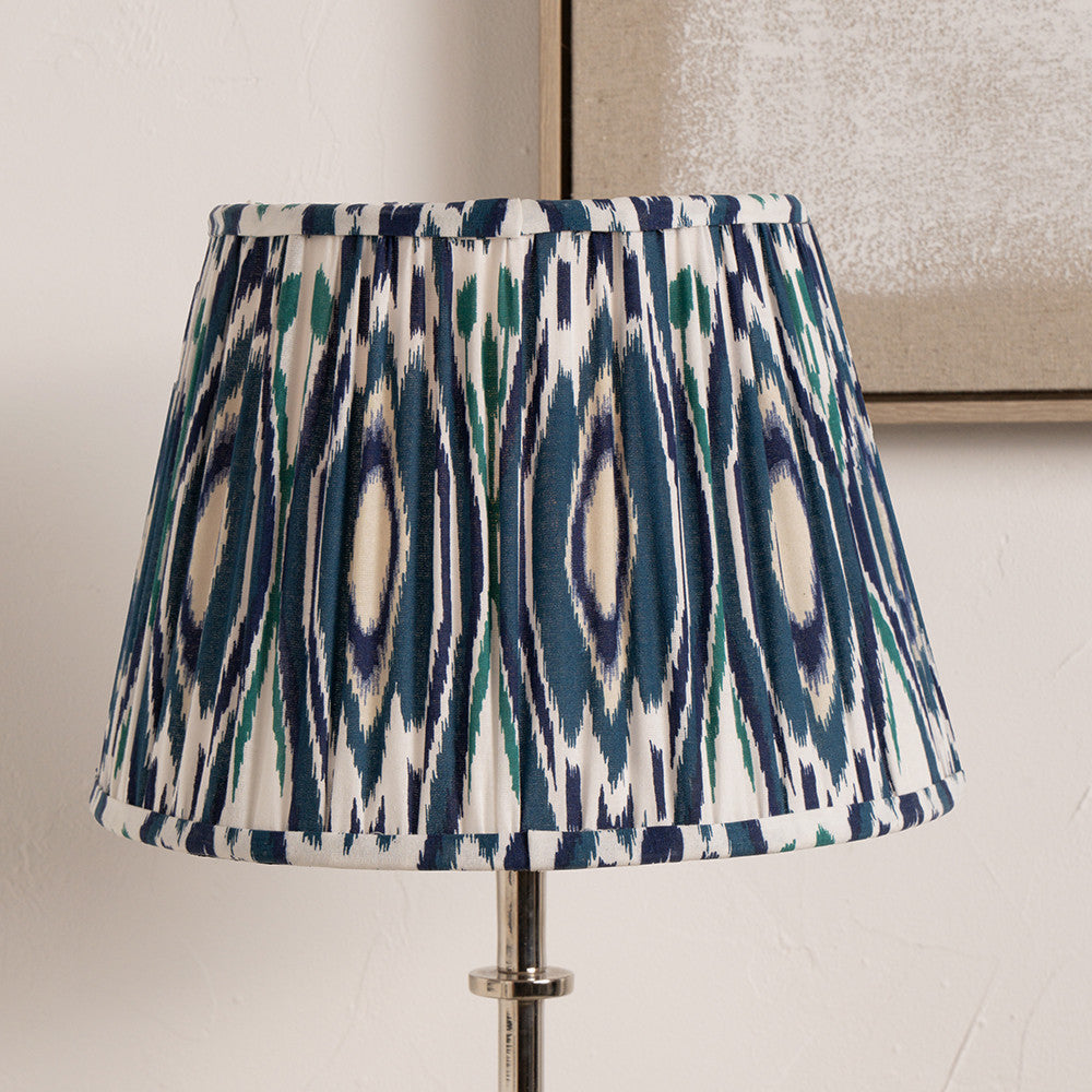 Izara 30cm Ocean Blue Ikat Patterned Mushroom Pleat Tapered Lampshade – Elegant Textured Design