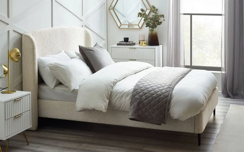 Shop the luxurious Eden Boucle King Size Bed in Ivory with its curved headboard. FREE UK MAINLAND DELIVERY. Shop online now at www.nobleandnook.co.uk