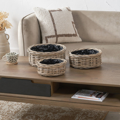 Tobs Set of 3 Grey Kubu Rattan Round Basket Planters – Indoor & Outdoor Decorative Storage