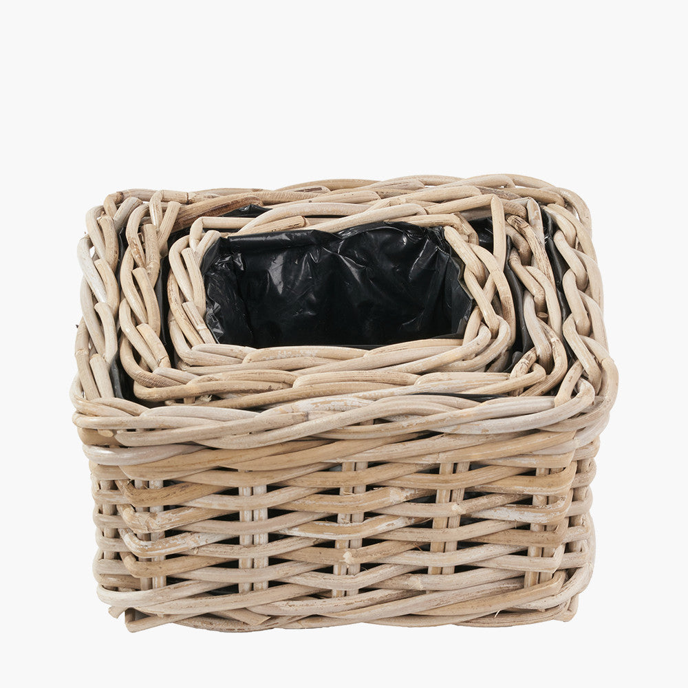 Tobs Set of 3 Indoor Outdoor Grey Kubu Rattan Square Basket Planters