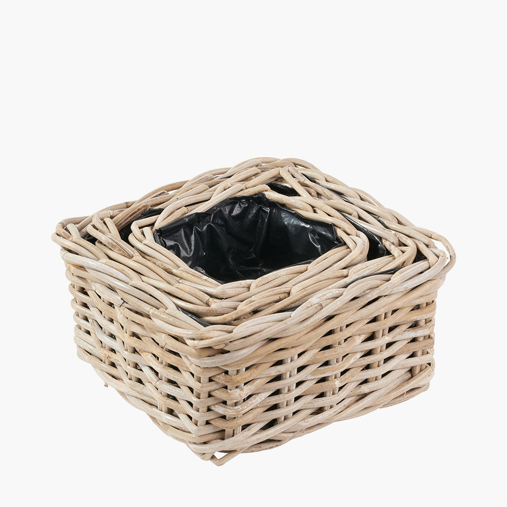 Tobs Set of 3 Indoor Outdoor Grey Kubu Rattan Square Basket Planters