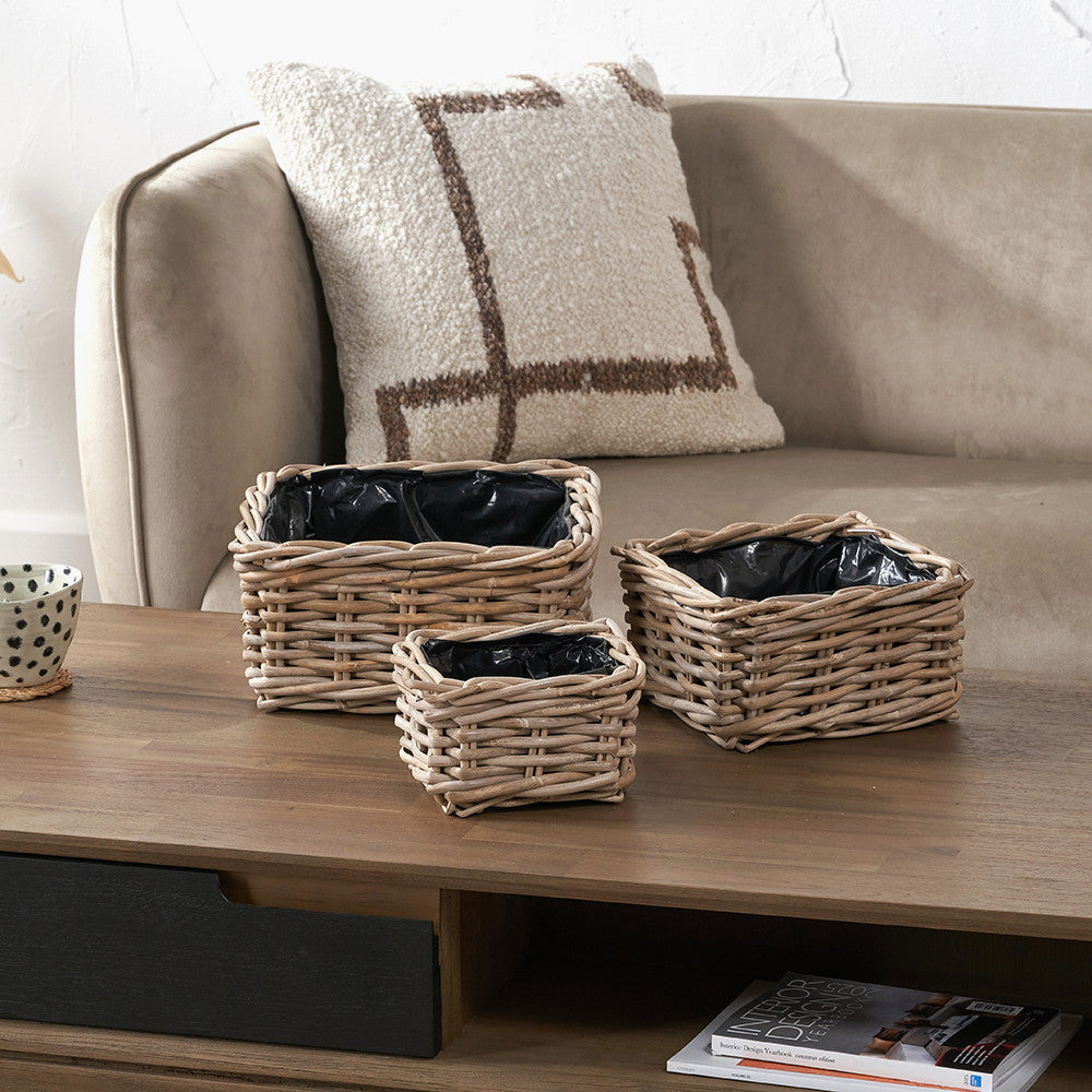 Tobs Set of 3 Indoor Outdoor Grey Kubu Rattan Square Basket Planters