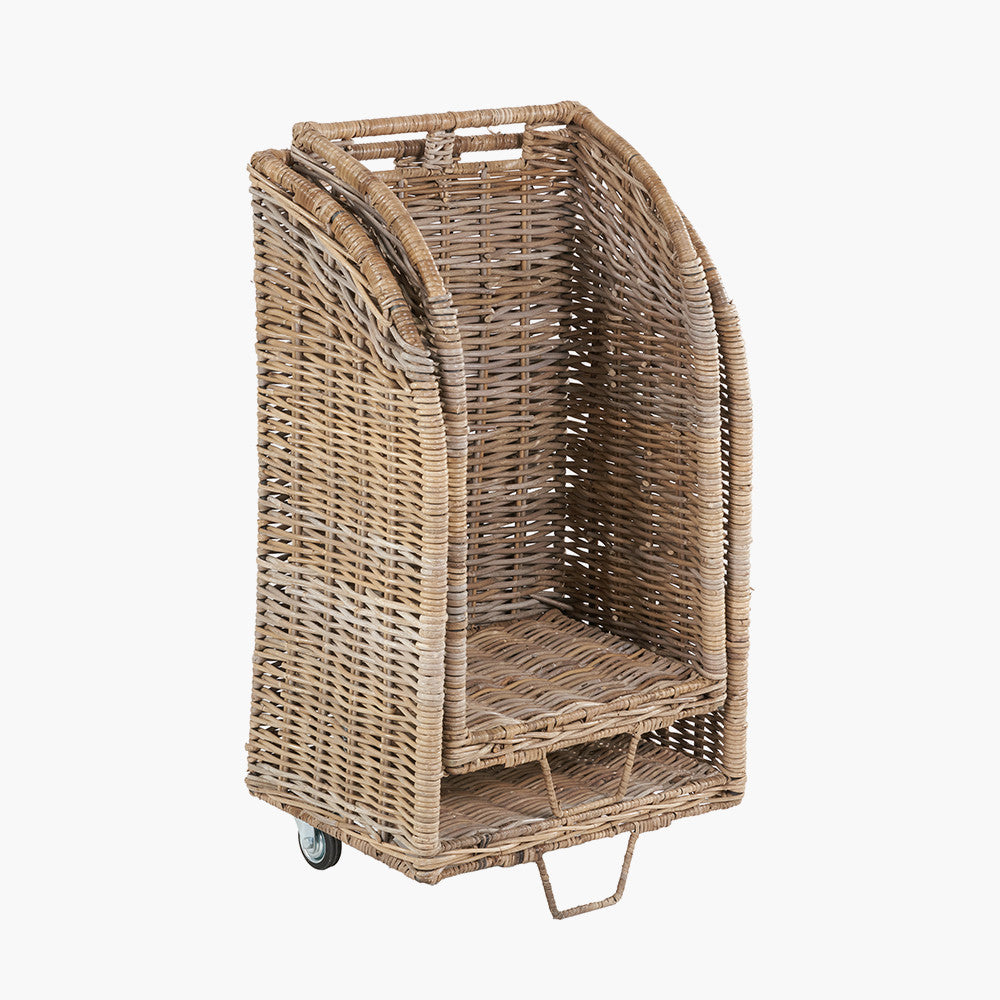 Tobs Set of 2 Grey Kubu Rattan Log Basket Trolleys – Stylish Wheeled Log Storage for Indoors or Outdoors