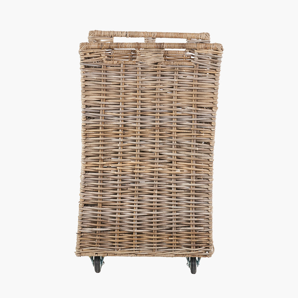 Tobs Set of 2 Grey Kubu Rattan Log Basket Trolleys – Stylish Wheeled Log Storage for Indoors or Outdoors