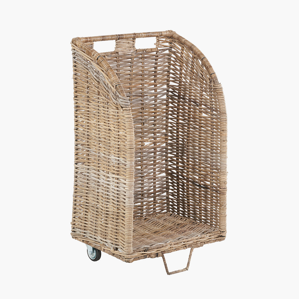Tobs Set of 2 Grey Kubu Rattan Log Basket Trolleys – Stylish Wheeled Log Storage for Indoors or Outdoors