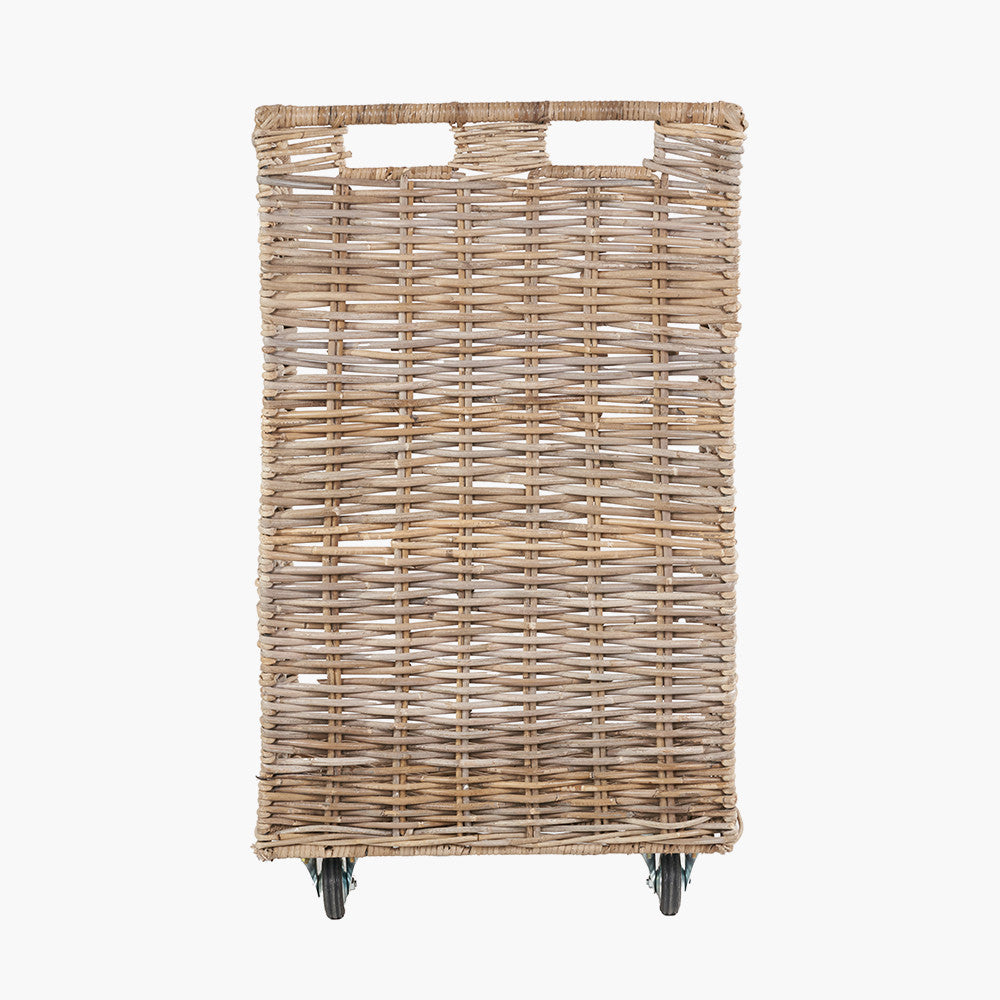 Tobs Set of 2 Grey Kubu Rattan Log Basket Trolleys – Stylish Wheeled Log Storage for Indoors or Outdoors