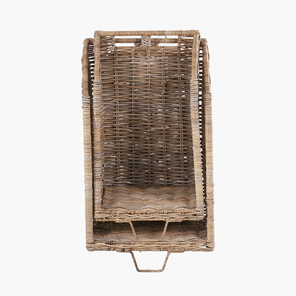Tobs Set of 2 Grey Kubu Rattan Log Basket Trolleys – Stylish Wheeled Log Storage for Indoors or Outdoors