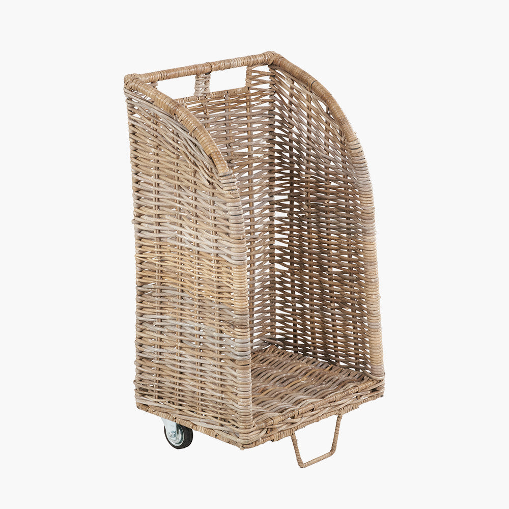 Tobs Set of 2 Grey Kubu Rattan Log Basket Trolleys – Stylish Wheeled Log Storage for Indoors or Outdoors