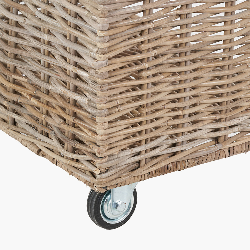 Tobs Set of 2 Grey Kubu Rattan Log Basket Trolleys – Stylish Wheeled Log Storage for Indoors or Outdoors