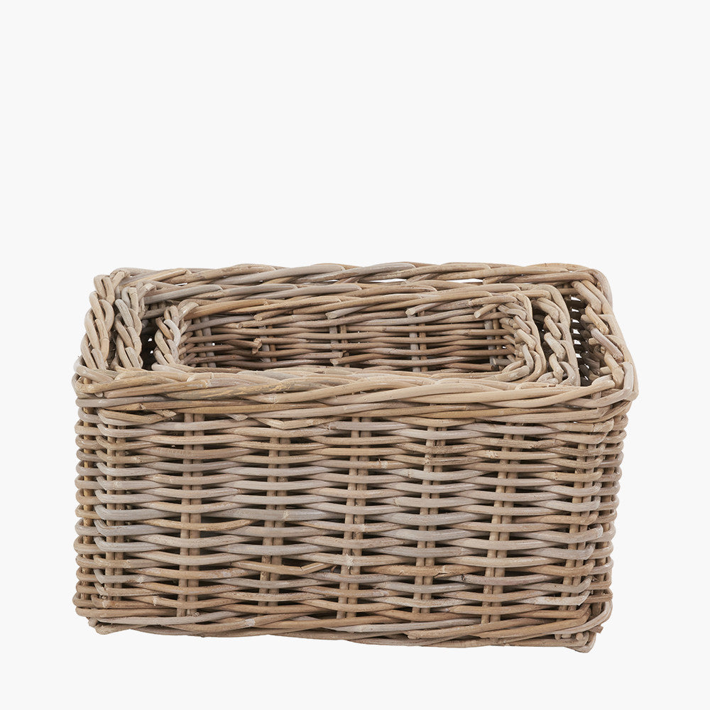 Tobs Set of 3 Grey Kubu Rattan Rectangular Storage Baskets with Inset Handles