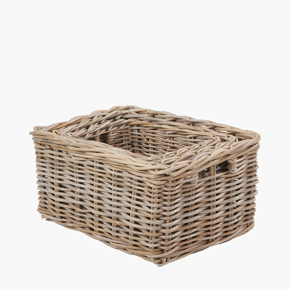 Tobs Set of 3 Grey Kubu Rattan Rectangular Storage Baskets with Inset Handles