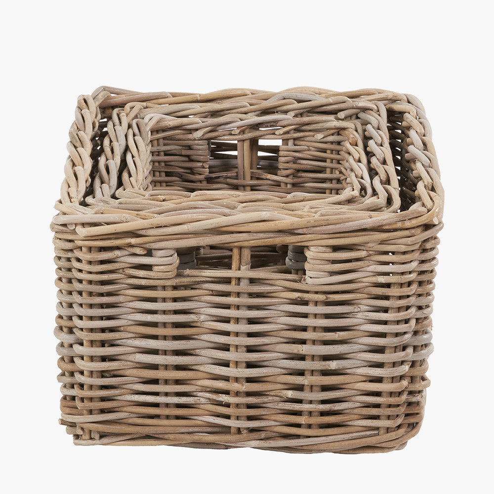 Tobs Set of 3 Grey Kubu Rattan Rectangular Storage Baskets with Inset Handles