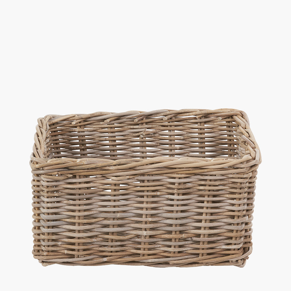 Tobs Set of 3 Grey Kubu Rattan Rectangular Storage Baskets with Inset Handles