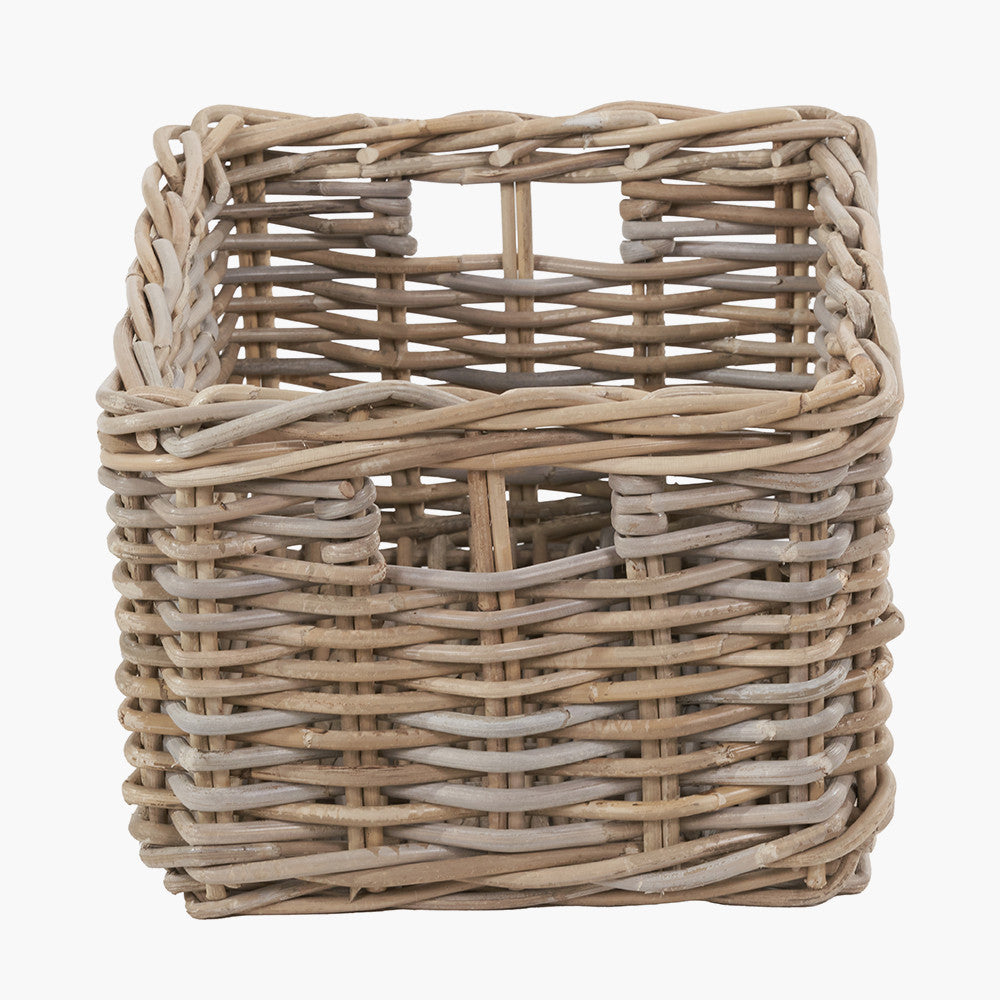 Tobs Set of 3 Grey Kubu Rattan Rectangular Storage Baskets with Inset Handles