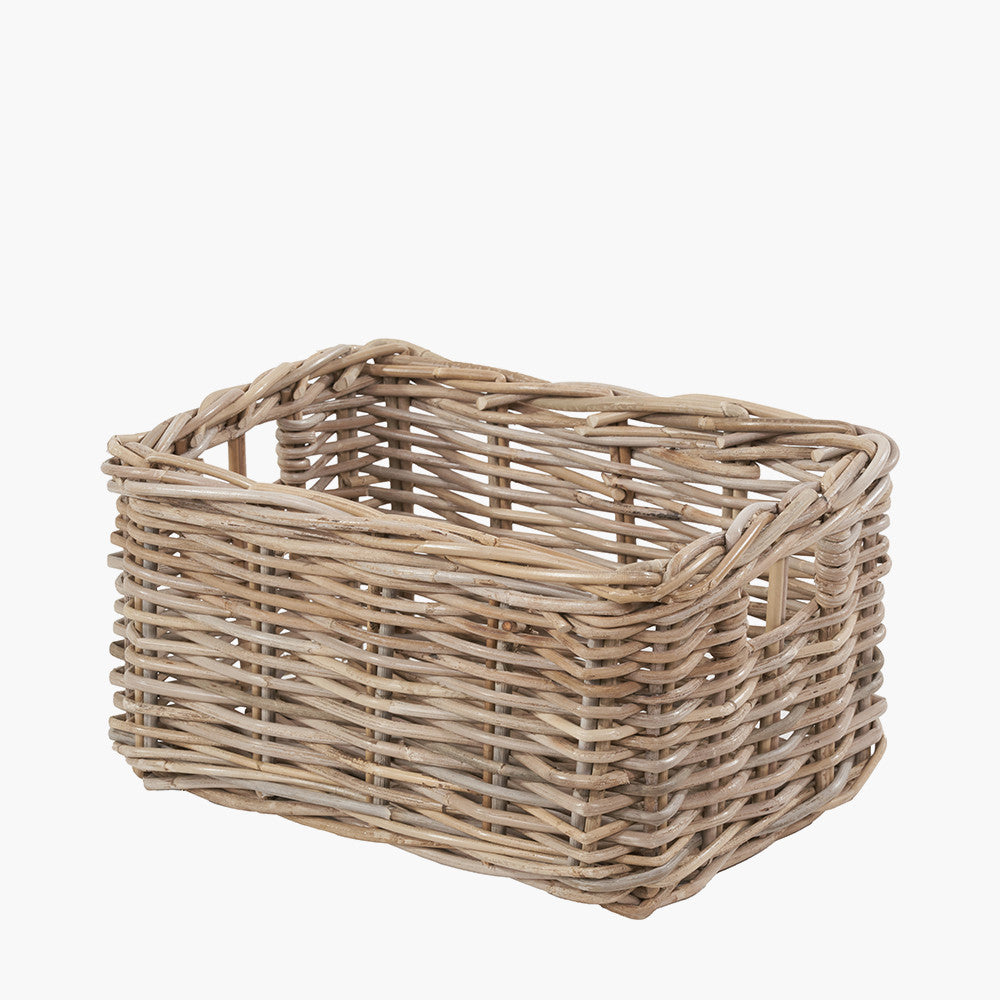 Tobs Set of 3 Grey Kubu Rattan Rectangular Storage Baskets with Inset Handles