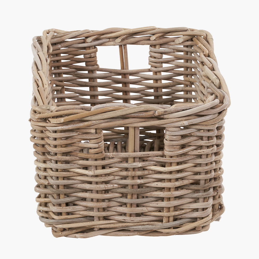 Tobs Set of 3 Grey Kubu Rattan Rectangular Storage Baskets with Inset Handles