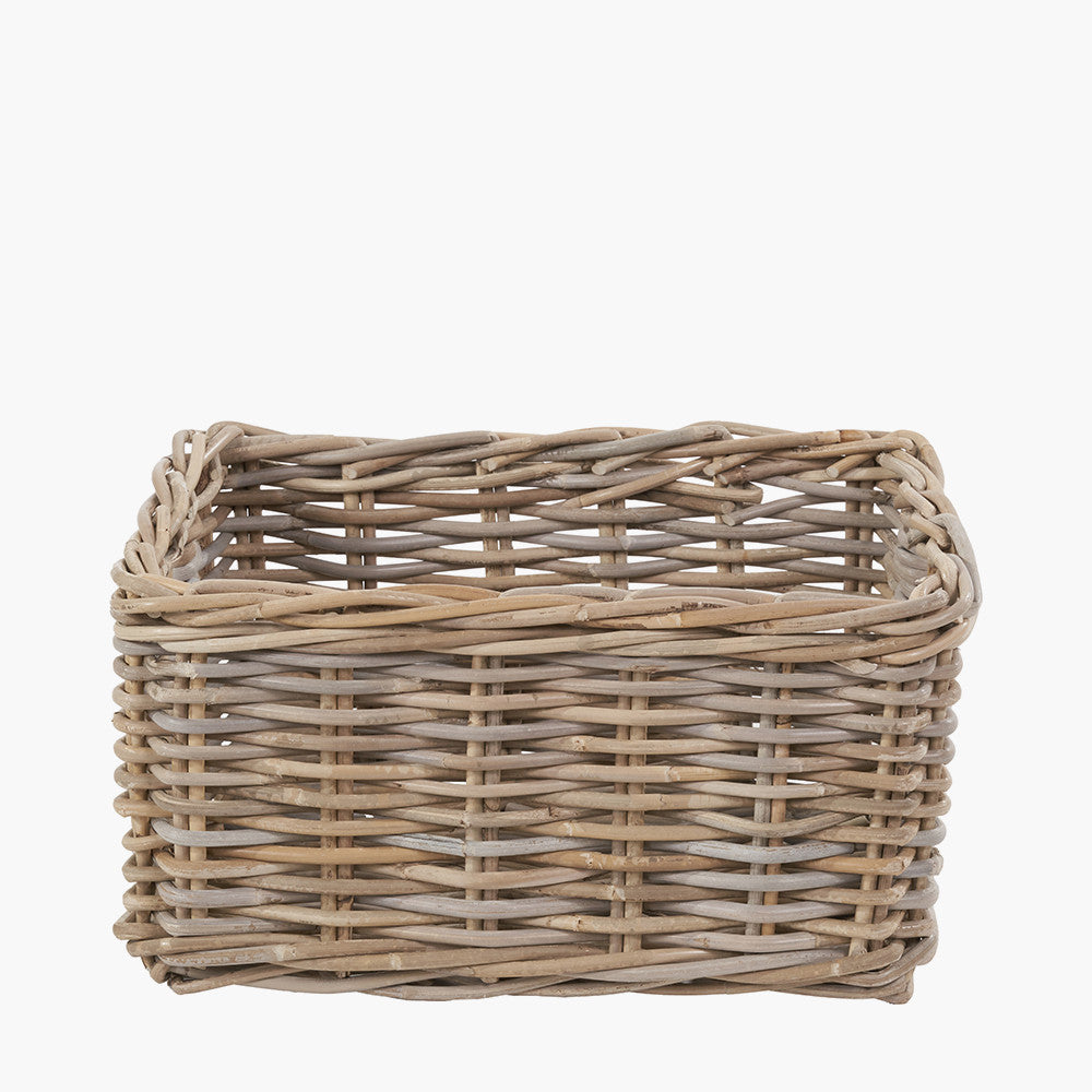 Tobs Set of 3 Grey Kubu Rattan Rectangular Storage Baskets with Inset Handles