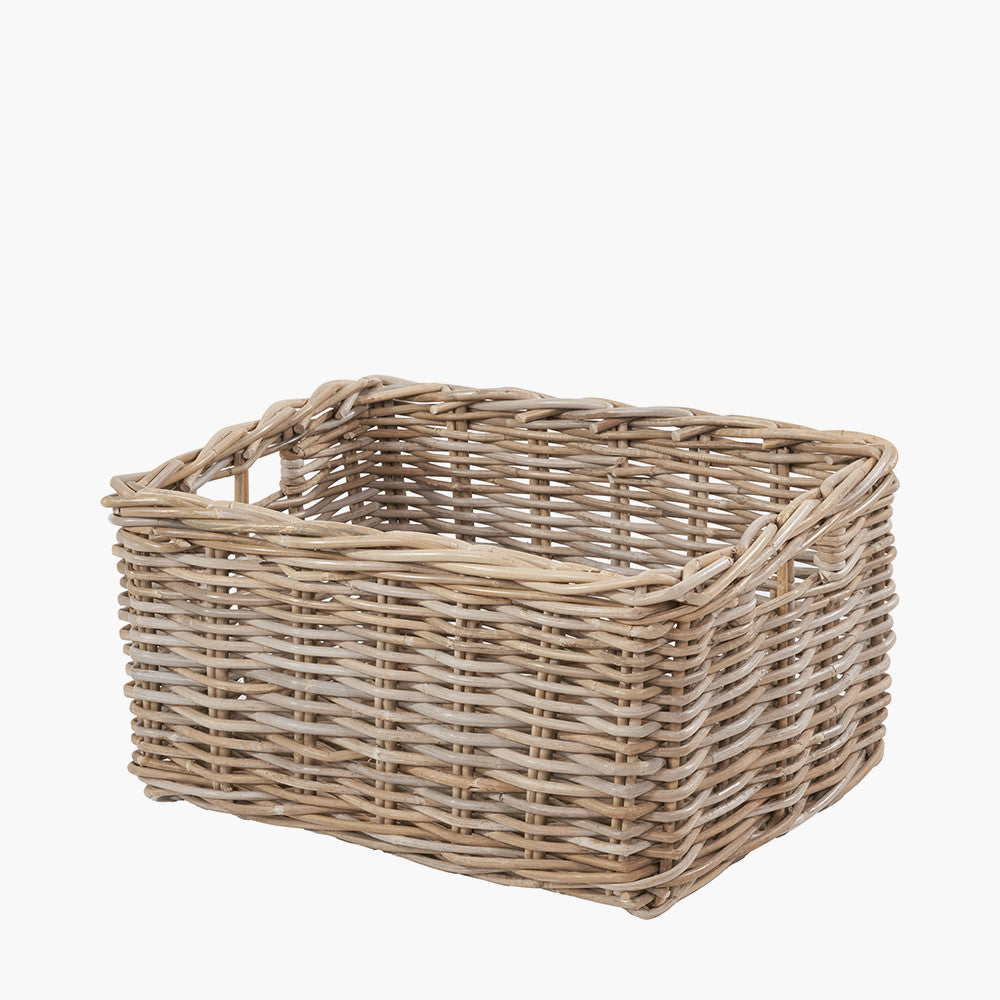 Tobs Set of 3 Grey Kubu Rattan Rectangular Storage Baskets with Inset Handles