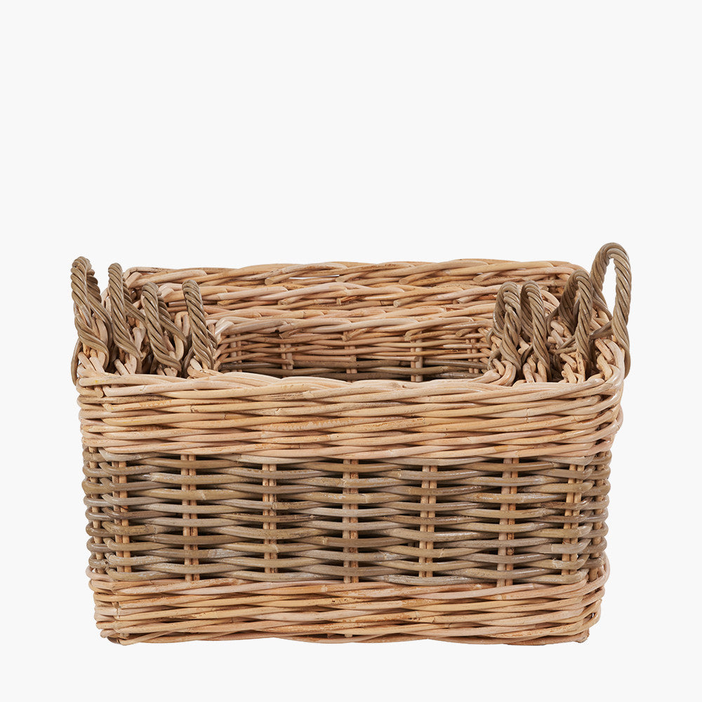 Set of 4 Grey and White Kubu Rattan Rectangular Storage Baskets – Stylish and Functional Handwoven Home Organisation