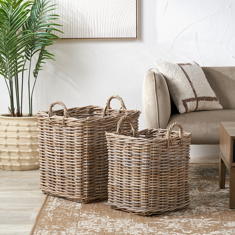 Tobs Set of 2 Grey Rattan Square Log Baskets