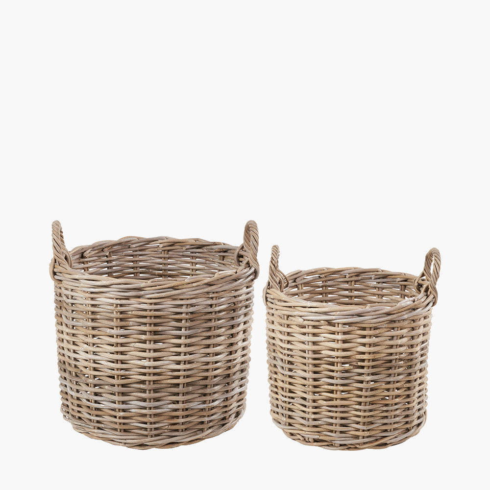 Tobs Set of 2 Grey Rattan Round Log Baskets