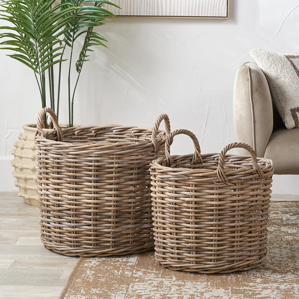 Tobs Set of 2 Grey Rattan Round Log Baskets
