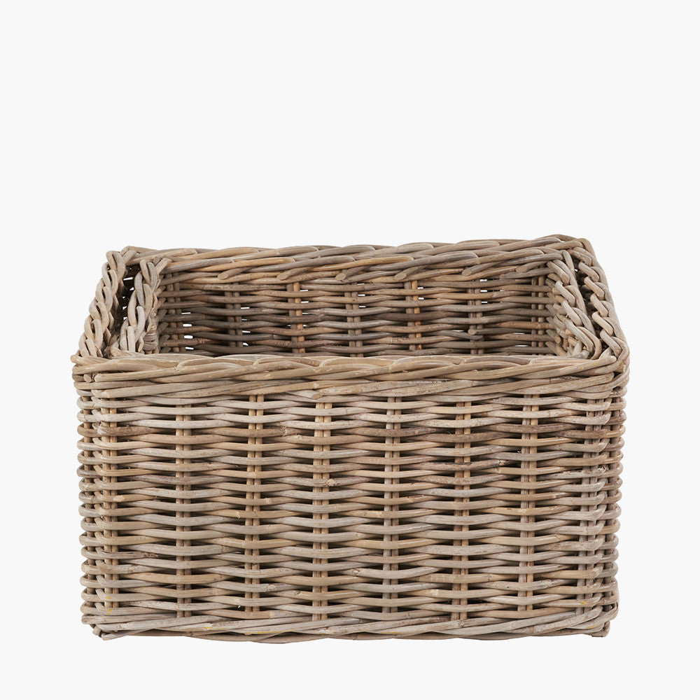 Tobs Set of 2 Grey Kubu Rattan Rectangular Storage Baskets with Inset Handles