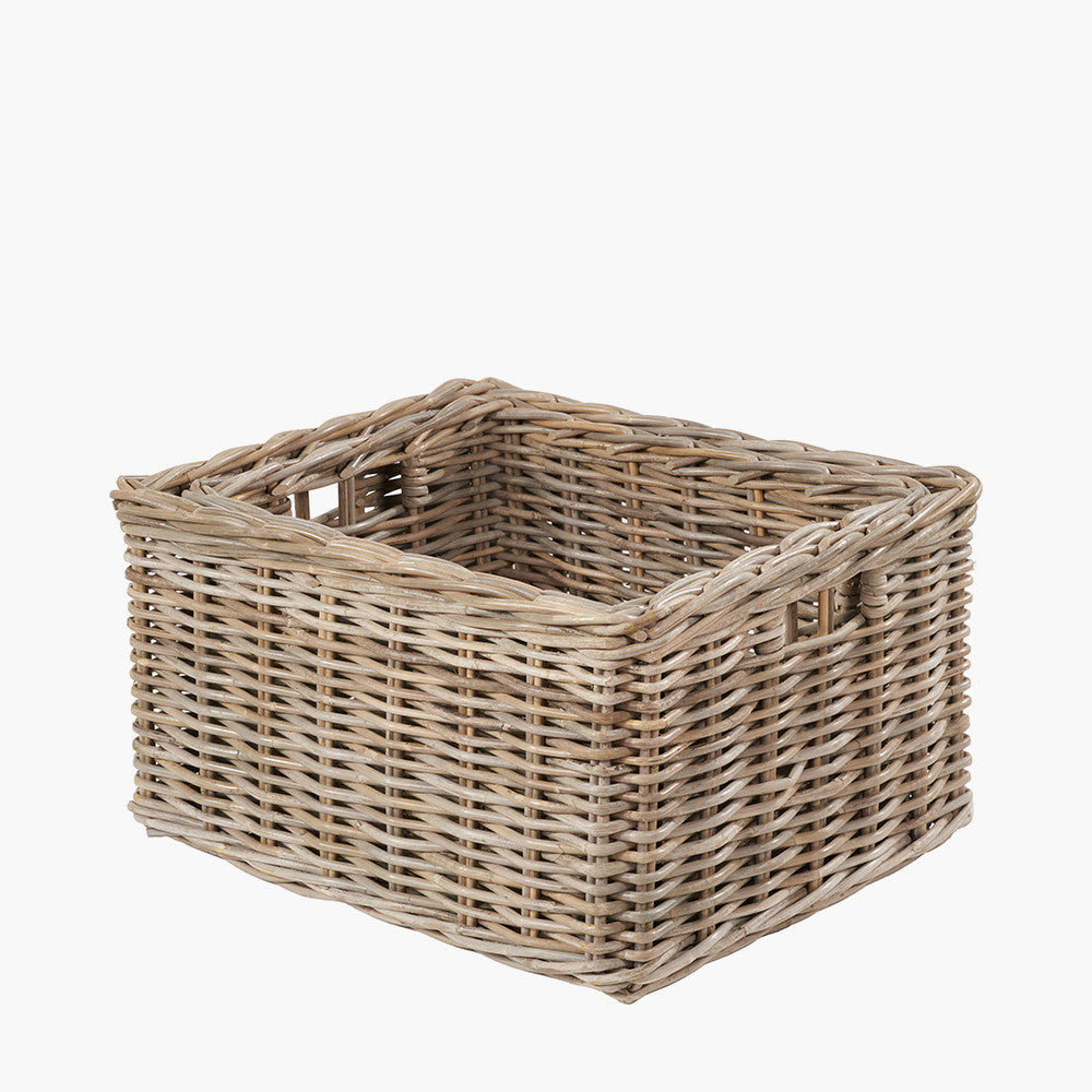 Tobs Set of 2 Grey Kubu Rattan Rectangular Storage Baskets with Inset Handles