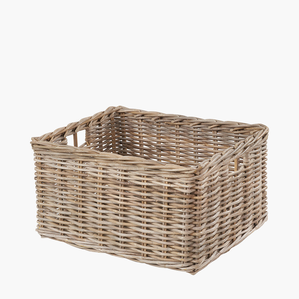 Tobs Set of 2 Grey Kubu Rattan Rectangular Storage Baskets with Inset Handles