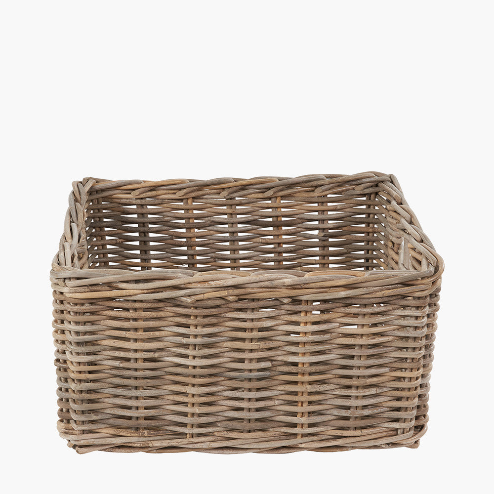 Tobs Set of 2 Grey Kubu Rattan Rectangular Storage Baskets with Inset Handles