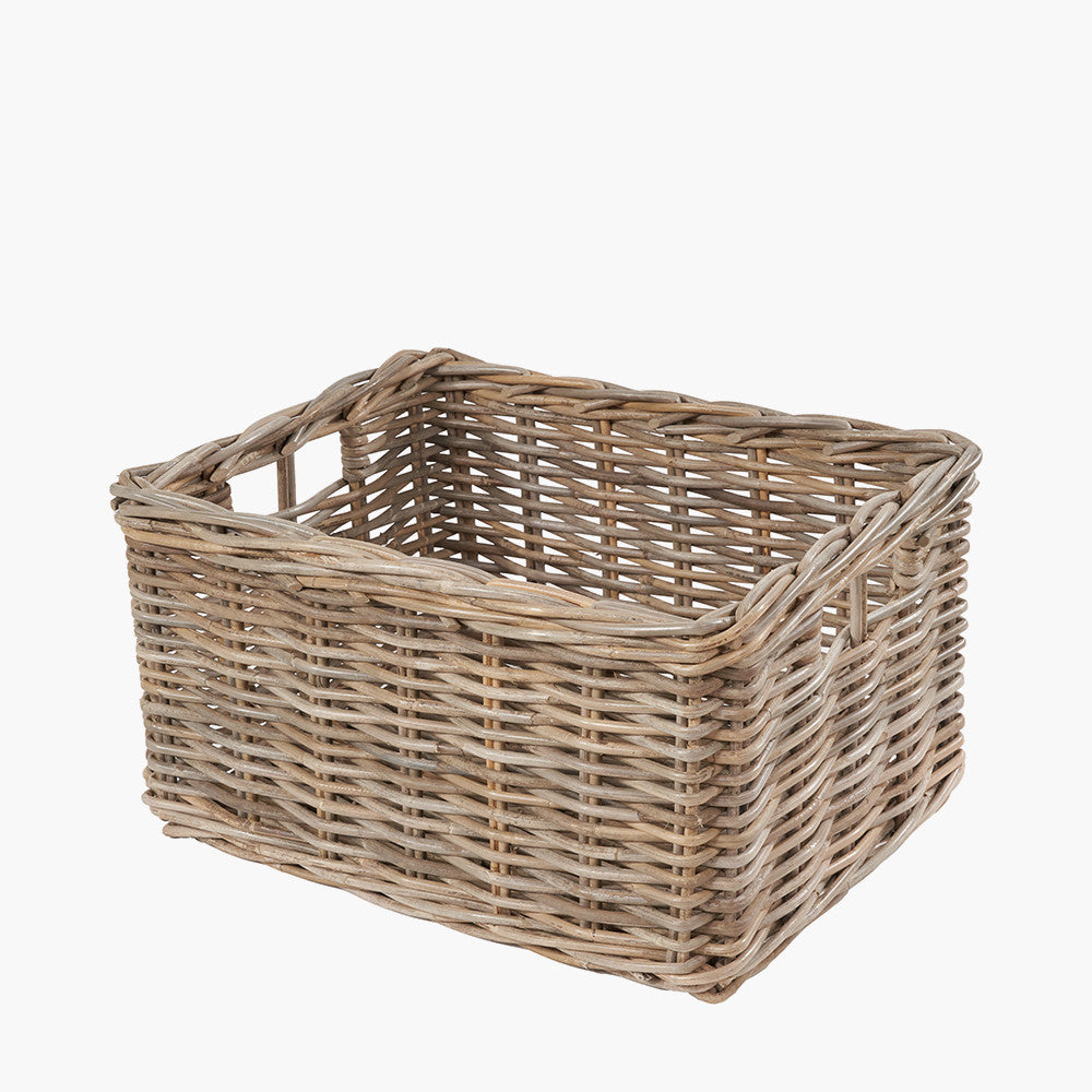 Tobs Set of 2 Grey Kubu Rattan Rectangular Storage Baskets with Inset Handles