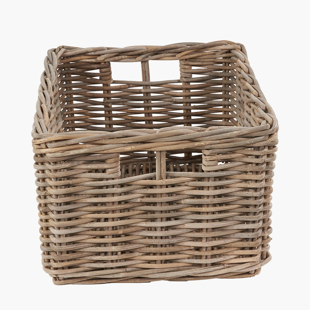 Tobs Set of 2 Grey Kubu Rattan Rectangular Storage Baskets with Inset Handles