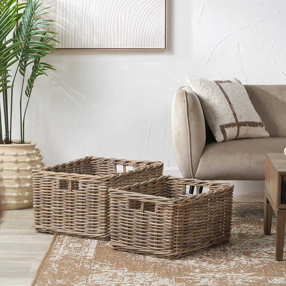 Tobs Set of 2 Grey Kubu Rattan Rectangular Storage Baskets with Inset Handles